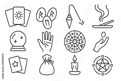 Fortune Ritual Icons. Line style icons of fortune rituals: tarot spread, rune stones, pendulum, incense smoke; crystal ball,