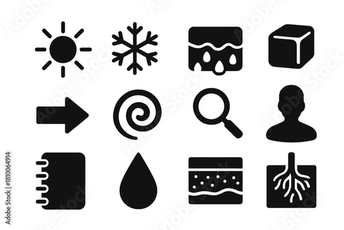 Seasonal Process Icons. Solid style icons of seasonal changes and environmental processes: sun, snowflake, thawing soil, ice,