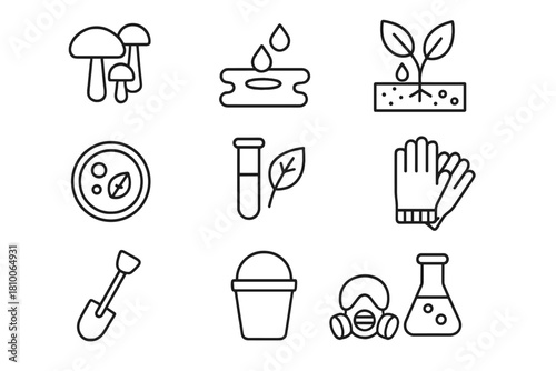 Soil Detox Icons. Line style icons of Soil Detoxification: Fungi, Oil Leak, Toxin Absorption, Land Cleanup; Petri Dish, Test Tube,
