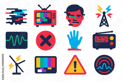 Glitch Icons Collection. Flat vector icons of Unknown Transmission: scrambled frequency, corrupted TV, glitching human face,