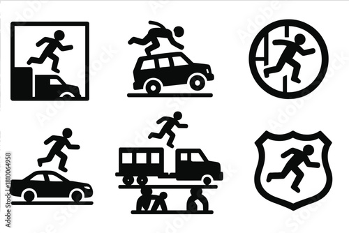 Action Sequence Icons. Solid style icons of action sequences: leap-to-van panel, flip on SUV roof, jump through window badge. Car