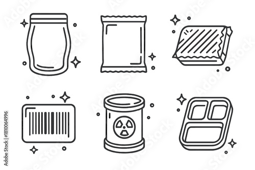 Space Food Packaging Icons. Line style icons of food packaging in space: multi-layer pouch, thermal-sealed pack, foil-wrapped meal