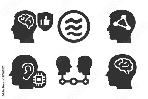 Trust-Building Leadership Icons. Solid style icons of trust-building leadership behaviors: honest leader with brain icon,