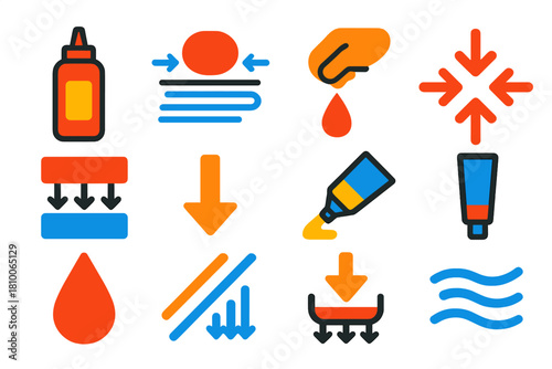 Shear-Thinning Fluid Icons. Flat vector icons of ketchup and shear-thinning fluids: ketchup bottle, flow under stress, squeeze