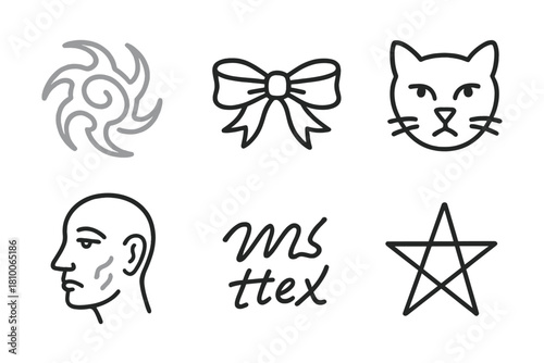 Tattoo Icon Line Art. Line style icons of tattoo types often covered: faded tribal tattoo, dated name ribbon, low-quality animal
