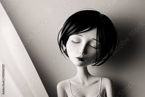 black and white illustration of a tired woman, captured in a minimalist style, her eyes cast downward, revealing a hint of exhaustion. Tired woman sleeping