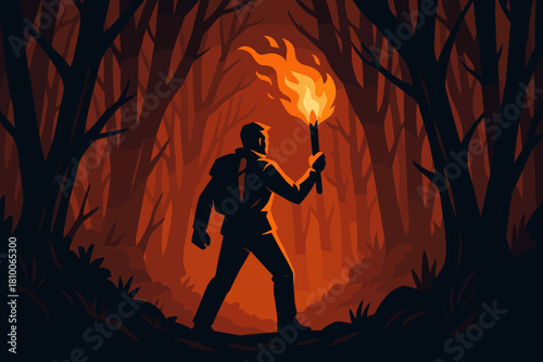 Torch in Dark Forest. Dramatic shot of a person holding a flaming torch in a vector illustration dark forest, illuminated by bold