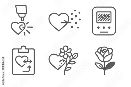 Tattoo Removal Icons. Line style icons of tattoo removal + cover-up hybrid: laser removal beam, fading ink particles, treated skin