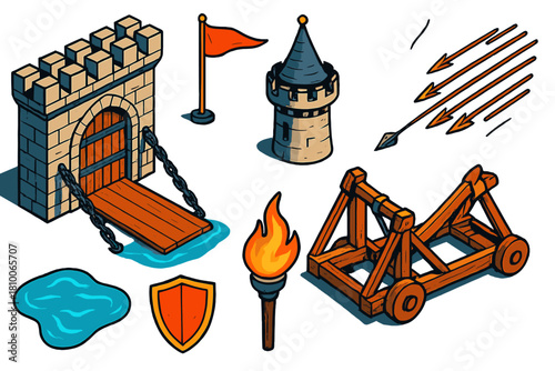 Comic Medieval Icons. Isometric vector illustration set Comic book elements – medieval castle gate, siege engine, banner flag;