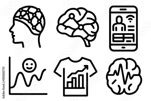 Brainwear Iconic Elements. Line style icons of Brain-Computer Fashion: EEG head mesh, brain-fabric node map, adaptive fashion