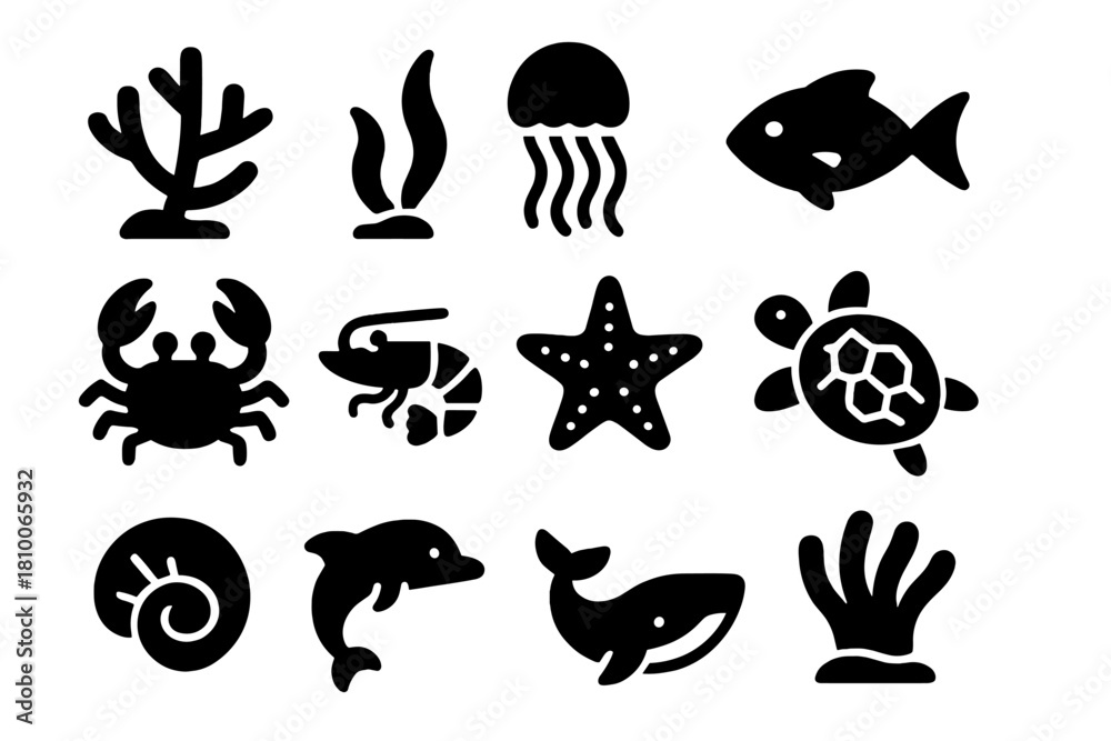 Fototapeta premium Underwater Icon Collection. Solid style icons of Underwater Ecosystem: Coral Reef, Seaweed, Jellyfish, Fish, Crab, Shrimp,