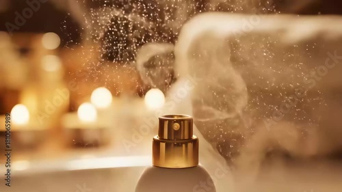 Gold spray bottle perfume mist cap luxury fragrance nozzle candlelit spa atmosphere aromatic elegant