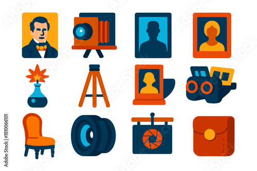 Photography History Icons. Flat vector icons of Photography History: daguerreotype plate, collodion camera, glass plate negative,