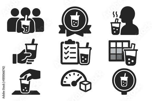 Bubble Tea Quality Icons. Solid style icons of quality control in bubble tea: taste panel icon, sample approval badge, aroma