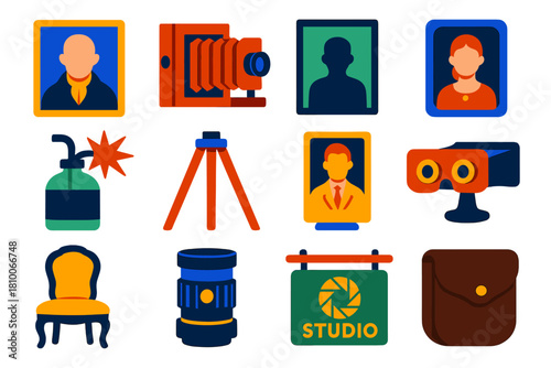 Photography History Icons. Flat vector icons of Photography History: daguerreotype plate, collodion camera, glass plate negative,