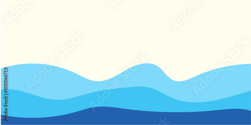 Minimal ocean waves, layered blue sea bands with large copy space on warm sky vector background.