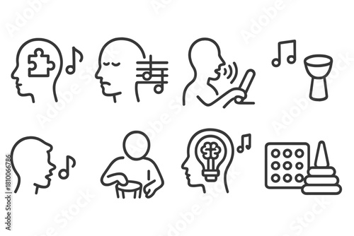 Music Therapy Icons. Line style icons of music therapy with special populations: autism spectrum icon with music, PTSD music