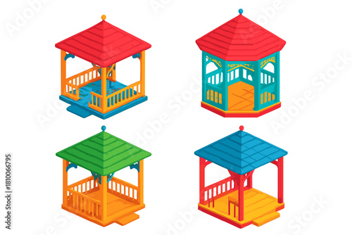 Vibrant Pavilion Illustrations. Isometric vector illustration set Pavilions – open pavilion, gazebo structure, summerhouse; hip
