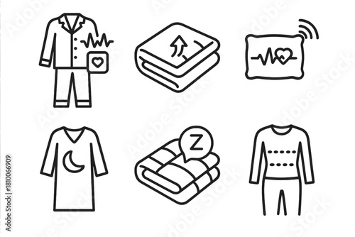 Smart Bedding Icons. Line style icons of smart bedding and sleepwear: sleep tracking pajamas, breathable smart quilt,