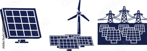 Collection of dark blue renewable energy icons solar panels wind turbine power lines electricity