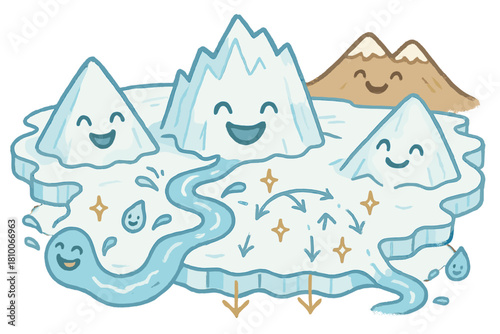Joyful Antarctic Landscape. Joyful doodle Antarctic ice sheet scene with happy glaciers, cartoon meltwater rivers bouncing,