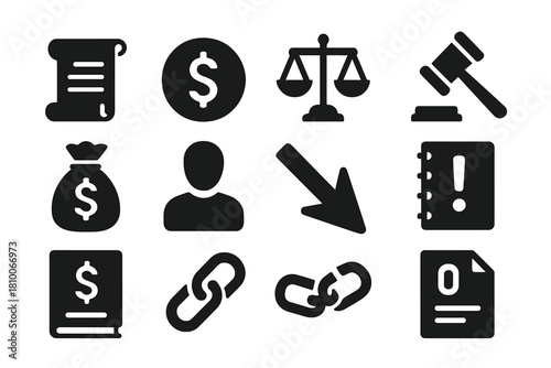Bankruptcy Icons Collection. Solid style icons of history of bankruptcy and debt: scroll, coin, scale, gavel, bag of money, human