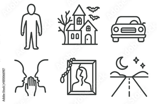 Urban Legend Icons. Line style icons of Urban Legends: shadowy figure, haunted house, mysterious car, whispered rumor, cursed