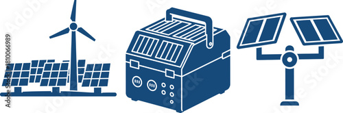 Renewable energy icons with wind turbine, solar panels, and portable generator solar energy