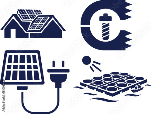 Solar energy icons including houses with panels, floating panels, and plug solar panel renewable energy