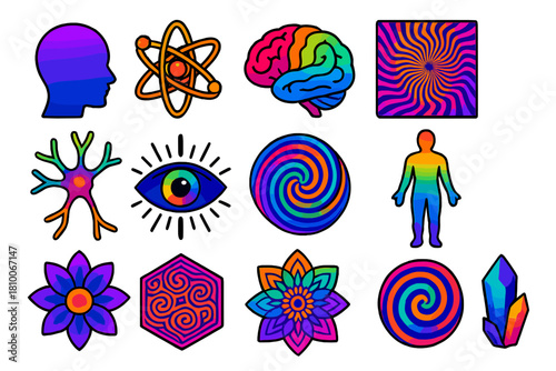 Psychedelic Science Icons. Isometric vector illustration set Psychedelic Science: human consciousness head, molecule atom