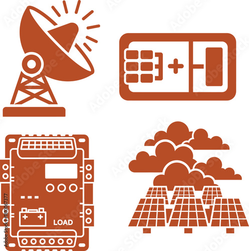 Solar energy icons including satellite dish battery and clouds antenna communication