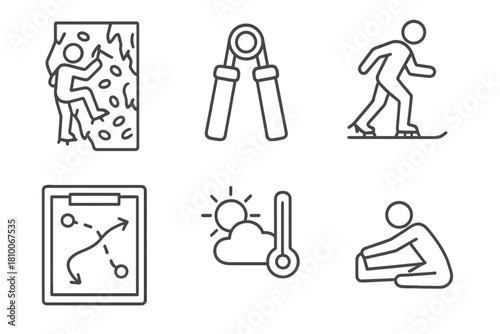 Climbing Preparation Icons. Line style icons of training and preparation: climbing wall with ice texture, grip strength tool,