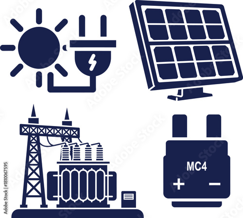 Solar energy icons including sun plug panel transformer and M C4 connector power electricity