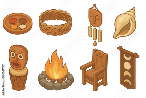 Cultural Ritual Artifacts. Isometric vector illustration set of Cultural rituals: ceremonial paint dish, woven crown, ritual wind