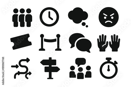 Social Psychology Icons. Solid style icons of social psychology and queues: people in line, clock, thought bubble, frustrated face