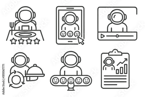 Astronaut Feedback Icons. Line style icons of astronaut feedback: taste rating stars, feedback form screen, video feedback log,
