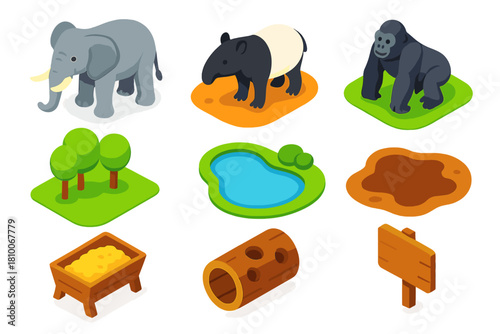 Colorful Zoo Animals. Isometric vector illustration set Zoo animals – elephant, tapir, gorilla; forest clearing, water hole, mud