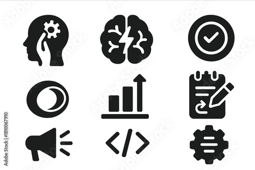 Icons of Subconscious Tools. Solid style icons of subconscious programming tools: thought implant icon, neuro-symbol glyph,