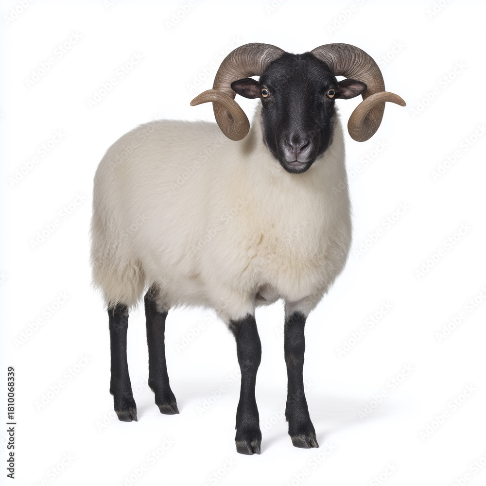 Fototapeta premium Black-faced ram with curled horns isolated