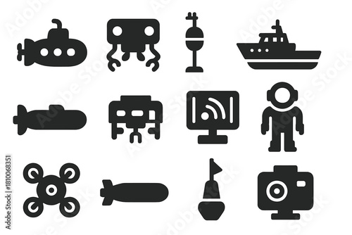 Deep-Sea Equipment Icons. Solid style icons of Deep-Sea Equipment: submarine, underwater robot, ocean sensor, research vessel, AUV