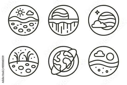 Planetary Environment Icons. Line style icons of planetary environments for life: Mars surface diagram, Europa ice crust, Titan
