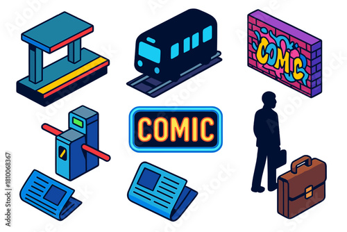 Vibrant Subway Scene. Isometric vector illustration set Comic book elements – subway station, train silhouette, graffiti wall;