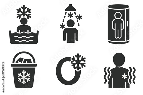 Cold Exposure Icons. Solid style icons of cold exposure methods: ice bath icon, snowflake shower glyph, cryotherapy chamber. Cold