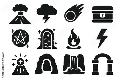 Legendary Event Icons. Solid style icons of legendary events: volcanic eruption, storm cloud, comet, magic circle, enchanted