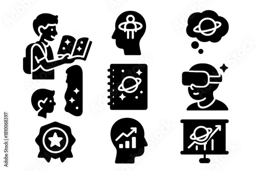 Multiverse Exploration Icons. Solid style icons of students exploring multiverse concepts: young explorer with portal book,