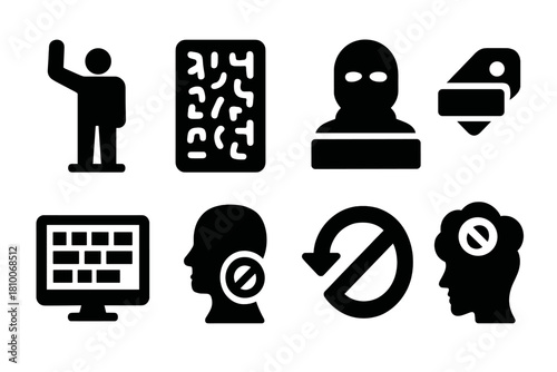 Controversial Icon Art. Solid style icons of controversial statement art: bold protest sculpture, encrypted message slab,