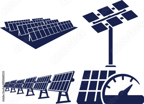 Solar Panel Arrays and Meter Icon Set in Dark Blue Silhouette solar energy renewable energy