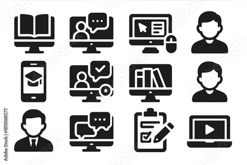Online Education Icons. Solid style icons of Online Education Platforms: MOOC course, live webinar, e-learning portal, virtual