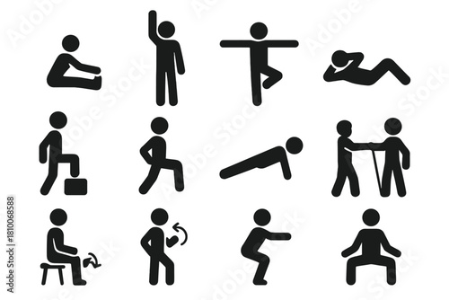 Physiotherapy Exercise Icons. Solid style icons of physiotherapy exercises: stretching leg, arm raise, balance pose, core exercise