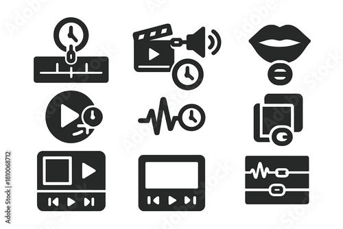 Synchronized Media Icons. Solid style icons of synchronized audio-visual computing: media timeline with sync mark, AV stream